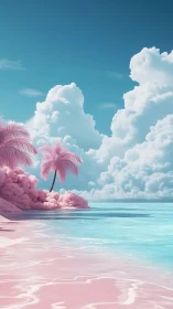 Digital landscape with palm tree, turquoise water, and cumulus clouds.