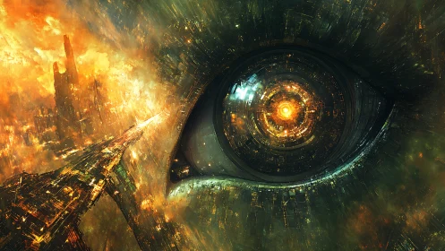 Cyborg eye observes burning cyberpunk city in swirling light