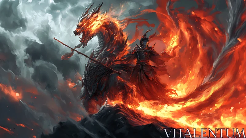 Flameborn warlord rides a roaring inferno dragon storm