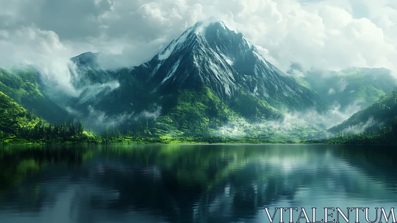 Verdant alpine massif mirrored in still mountain lake.