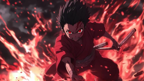 Anime swordsman in red kimono amid dynamic red flames.