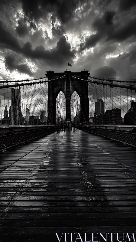 Storm-lit Brooklyn Bridge walkway under dramatic cloud mass