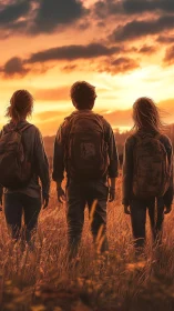 Backpackers watch blazing sunset over golden field.