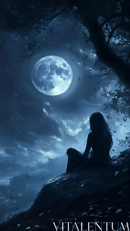 Solitary figure under luminous full moon on cliffside night.