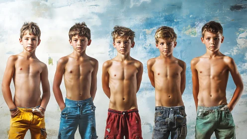 Five sun-kissed boys strike confident poses against weathered sky.