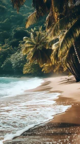 Tropical beach shoreline with palm trees and turquoise water.
