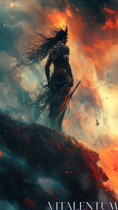 Storm-wreathed warrior on a burning cliff of molten dusk.