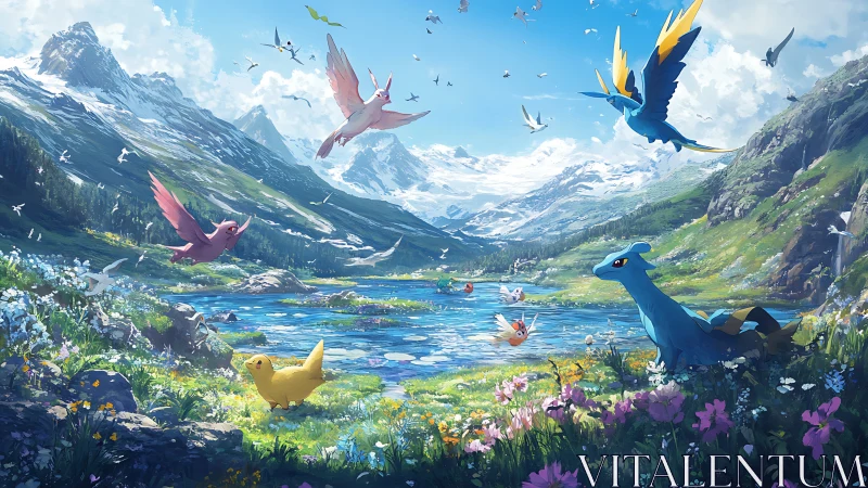Pokemon creatures roam luminous alpine valley under bright sky