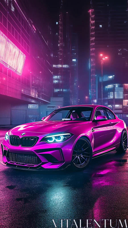 Neon-pink sports coupe prowls a rain-glossed cyber city street.