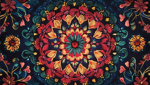 Midnight floral mandala swirling in painted festival bloom.