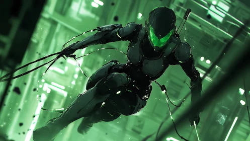 Cybernetic stealth operative descending in neon green city grid