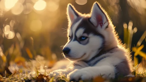 Backlit husky puppy resting in warm autumn bokeh field
