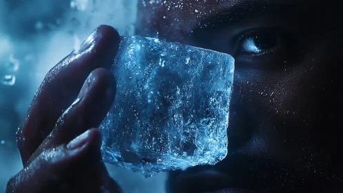 Gaze Through Ice: Frostbitten Portrait in Electric Blue.
