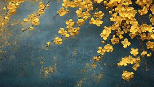 Golden blossoms drift softly across a tranquil teal sky
