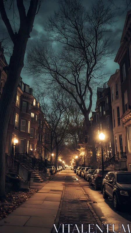 Quiet cobblestone street glows under moody evening sky