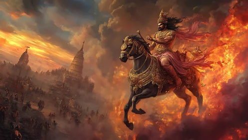 Fiery warlord rides dusk skies above burning temples.