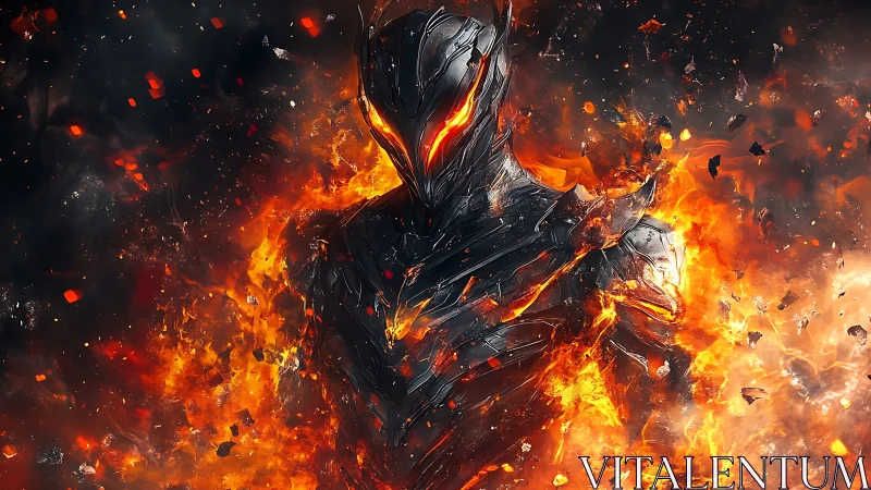 Armored humanoid figure surrounded by fragmented flames.