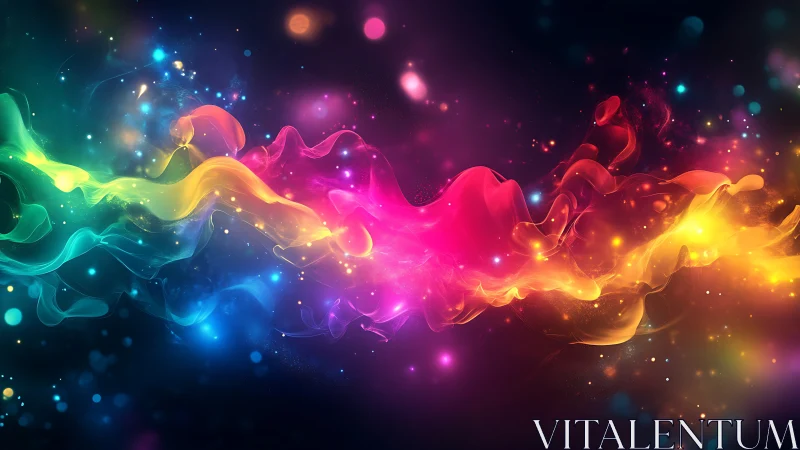 Vibrant neon light waves swirl through cosmic darkness.