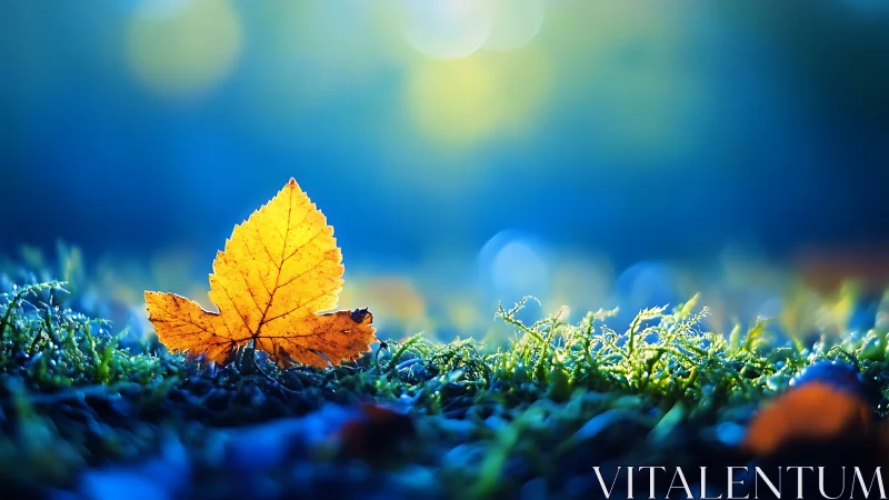 Single yellow leaf on dewy grass with soft blue background.