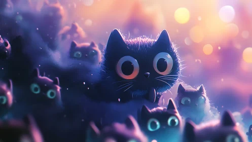Animated Cats with Luminescent Eyes in Ethereal Pink and Blue