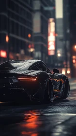 Midnight supercar gliding through rain-lit city streets.