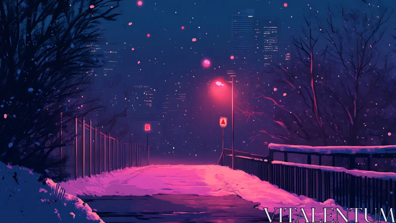 Neon-lit winter walkway under snow against distant skyline.