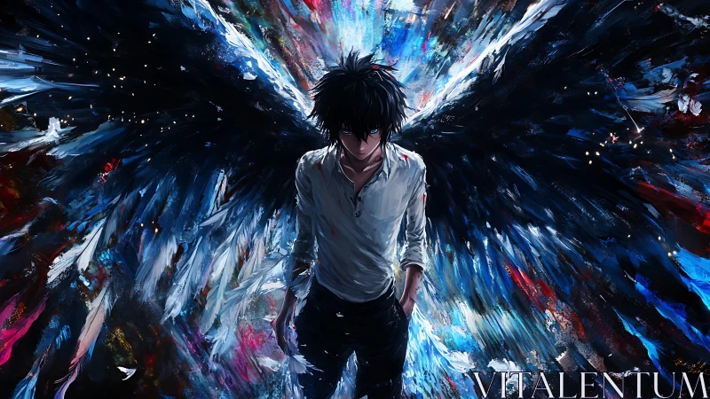 Midnight-winged rebel cracks open a storm of neon starlight.