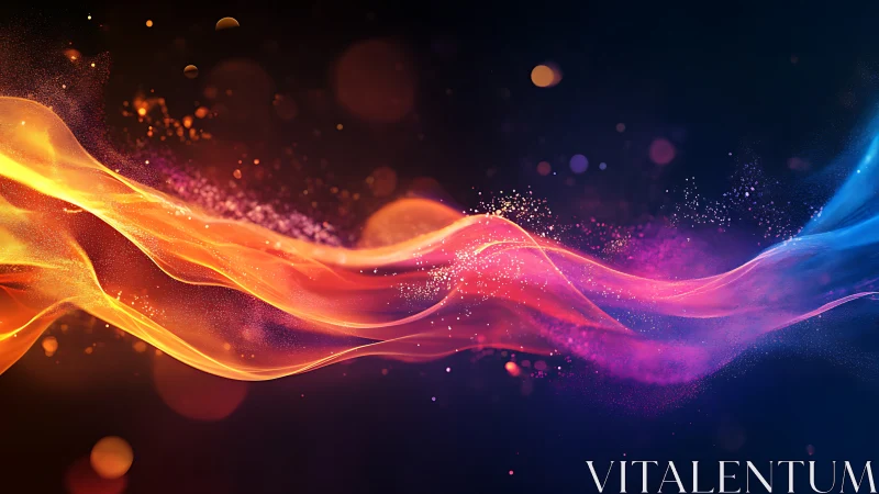 Colorful flowing light waves on dark abstract background.