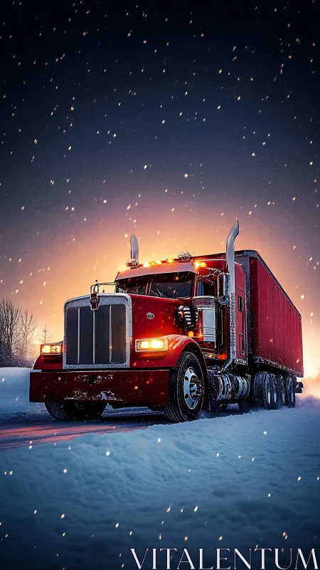 Snowy red semi truck glows warmly on a winter highway