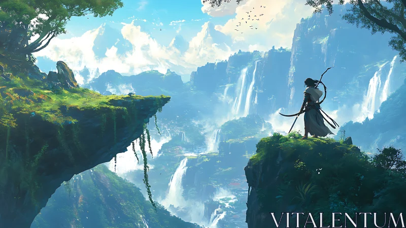 Lone archer on cliff over vast waterfall valley panorama.