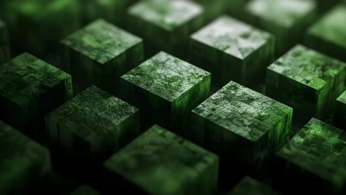Green volumetric cubes with rough procedural texture in shallow focus