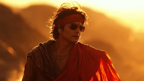 Sunlit wanderer in desert robes enjoys a glowing horizon