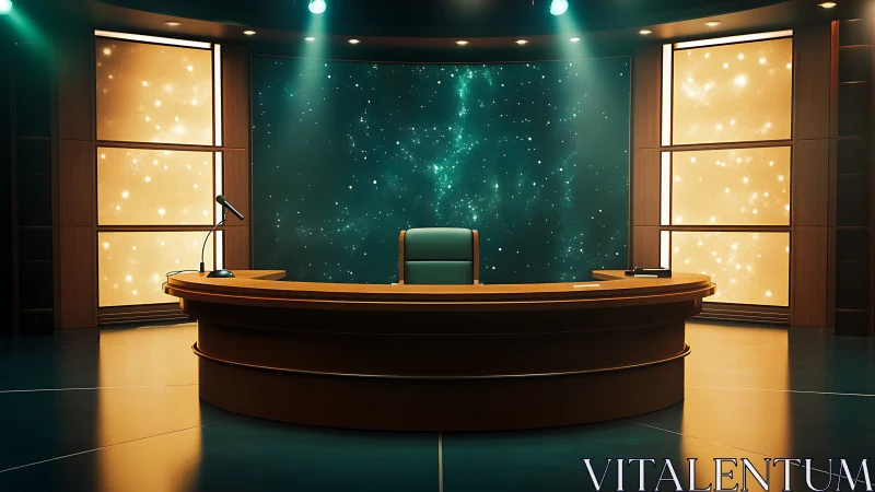 Stellar-lit broadcast desk in curved wood studio set.