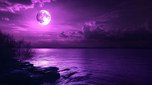 Luminous violet moonlight bathes a tranquil night shoreline