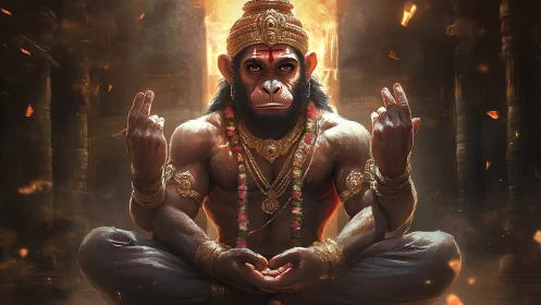 Mythic simian deity in meditative pose, ornate temple light