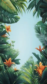 Sunlit jungle window framed by lush tropical leaves.