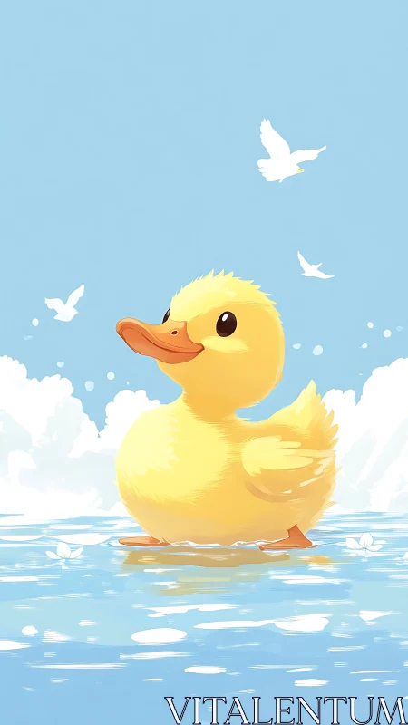 Stylized yellow duckling on reflective water under clear sky