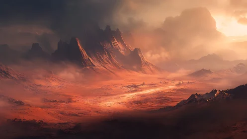 Fiery alien canyon glows beneath stormy, dust-filled skies