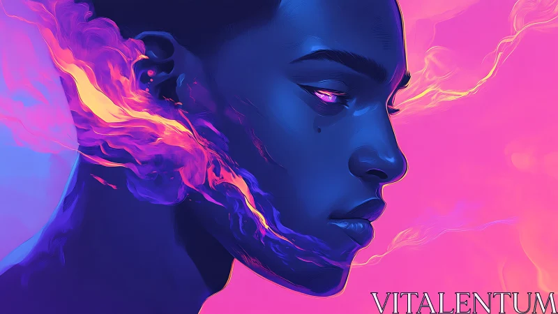 Blue profile portrait shows neon flames streaming from face