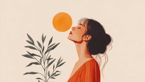 Profile portrait with orange sun and botanical accent.