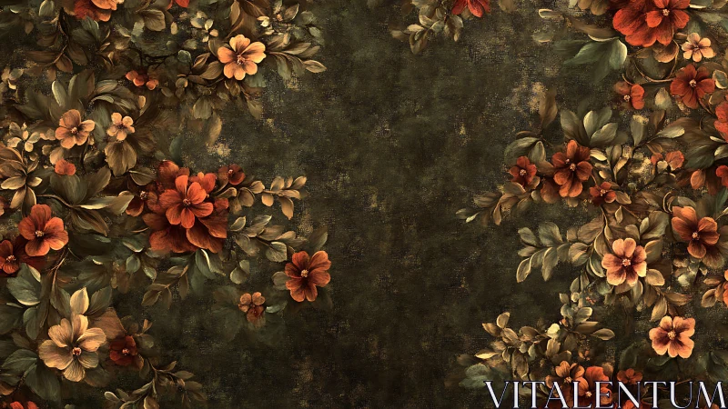 Vintage floral border on dark textured botanical canvas.