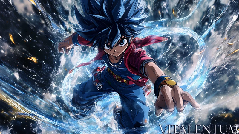 Dynamic anime hero lunging through swirling elemental vortex.