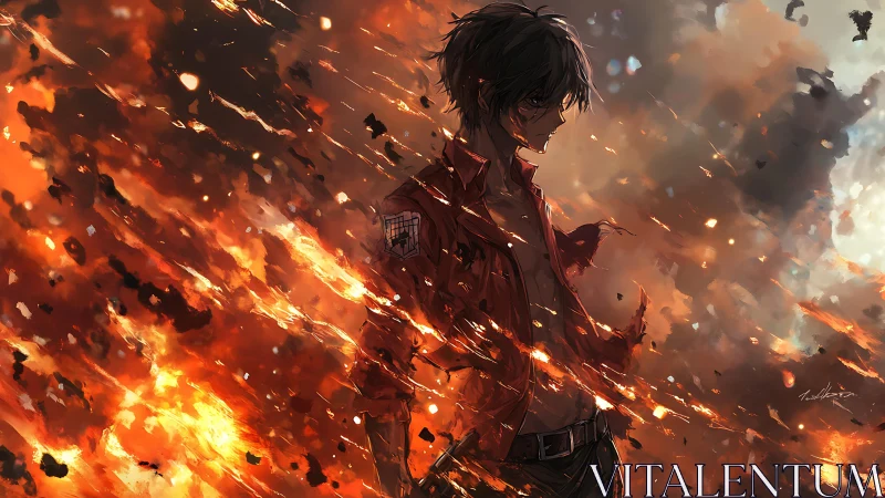 Solitary anime warrior stands amid diagonal cascading embers