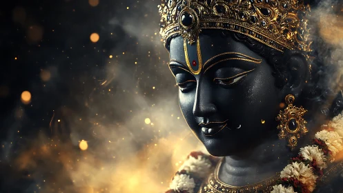 Ornate black stone goddess bust with gold filigree crown glow