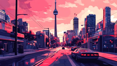 Digital painting of neon urban boulevard at sunset perspective.