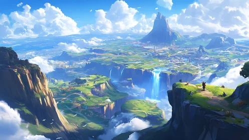 Elevated Landscape with Geological Formations and Cascading Water