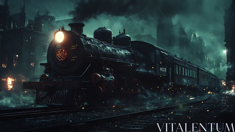 Steam locomotive cuts through a moody, rain-soaked city night.
