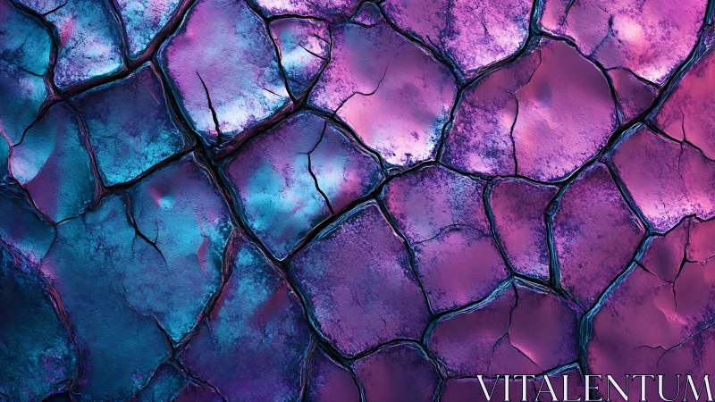 Cracked Abstract Surface with Vibrant Blue and Purple Lighting.