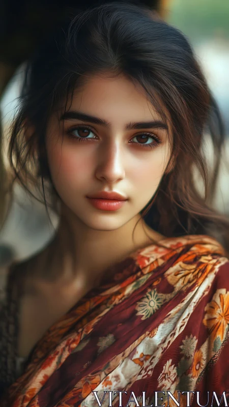 Portrait of young woman in patterned shawl, soft focus.