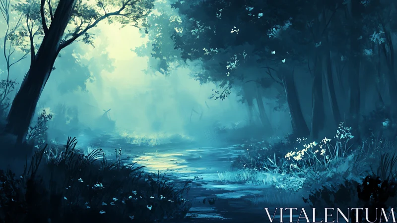 Luminescent Forest Stream: Digital Landscape with Atmospheric Mist.